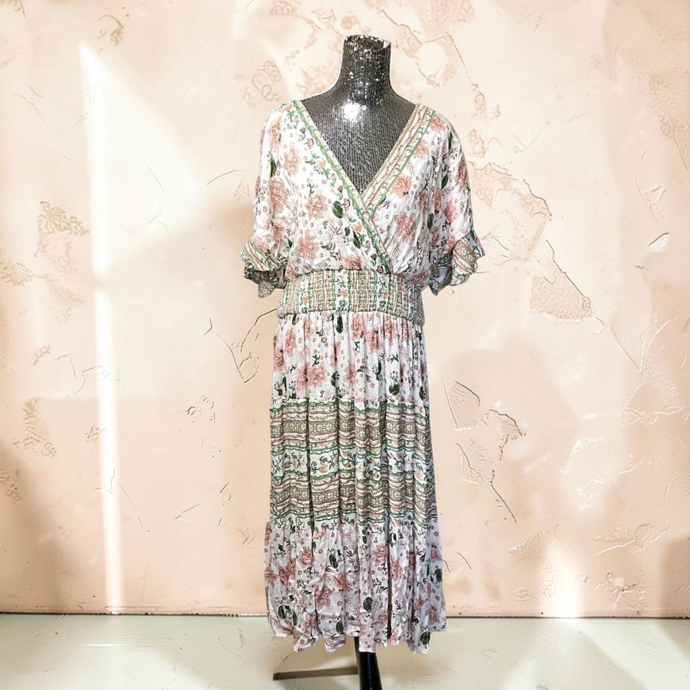 Floral Boho Midi Dress Size 3X Cottagecore Smocked V Neck Peasant Sleeve Prairie